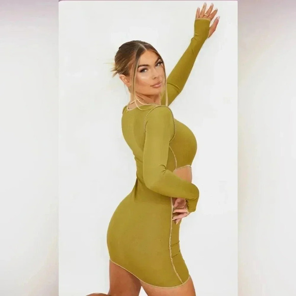 Pretty Little Things Olive Ribbed Contrast Stitch Cut Out Long Sleeve Dress - Picture 3 of 12